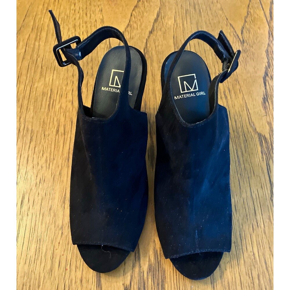 Material Girl Black Suede Slingback Open Toe Block Heel Buckle Ankle Strap 8M